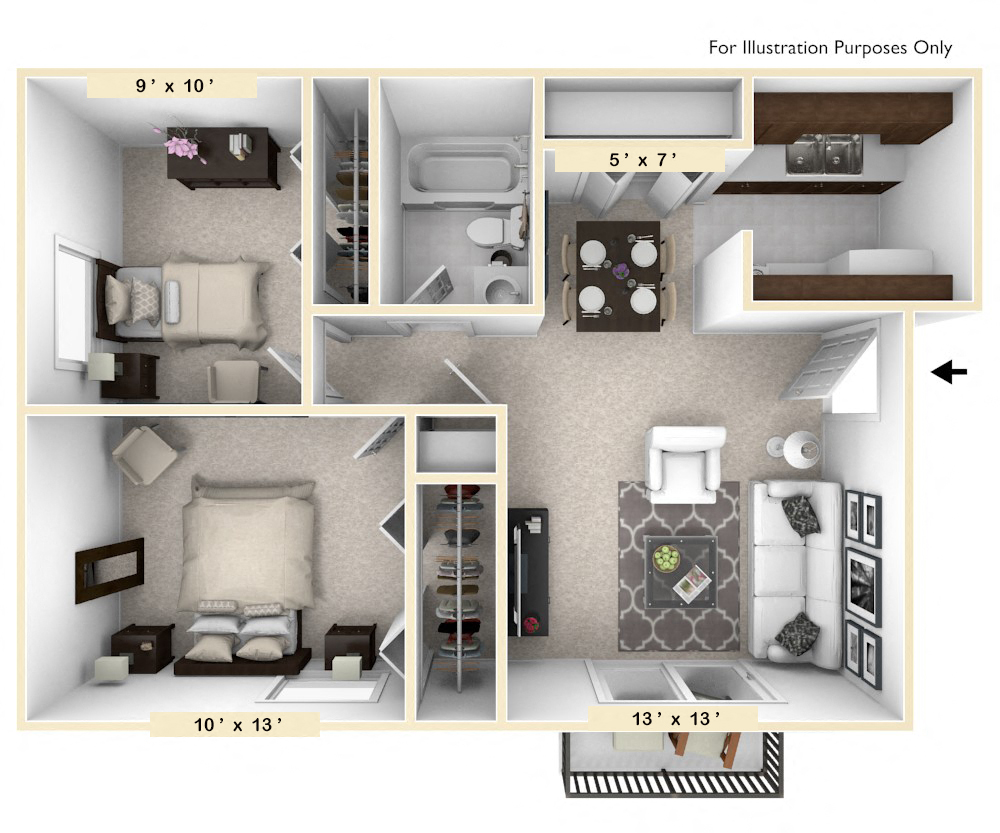 Floor plan for 2 beds, 1 bath, 678 sqft